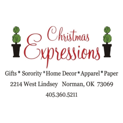 Christmas Expressions. Gifts, sorority, home decor, apparel, paper goods. 2214 West Lindsey Street Norman, OK 73069. (405) 360-5211.