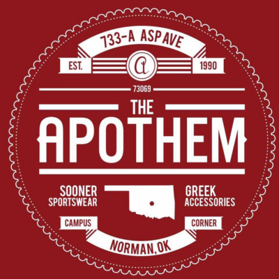 The Apothem. 733 Asp Avenue. Established 1990. Sooner sportswear, Greek accessories. Campus Corner, Norman, Oklahoma.