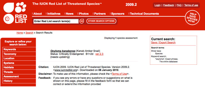Red List screen capture