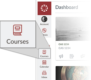 Image of Canvas left side navigation with the courses icon highlighted. Click courses to view all courses