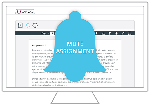 Mute assignments graphic Image of a computer screen with a stylized version of a Canvas assignment submission and a large blue bell covering the screen with the words Mute Assignment