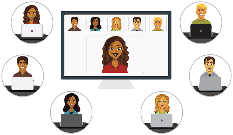 graphic depicting a Zoom meeting on a computer with six participants. Outside of the computer screen are six bubbles with the six participants in the bubbles. At the top is the Zoom logo.