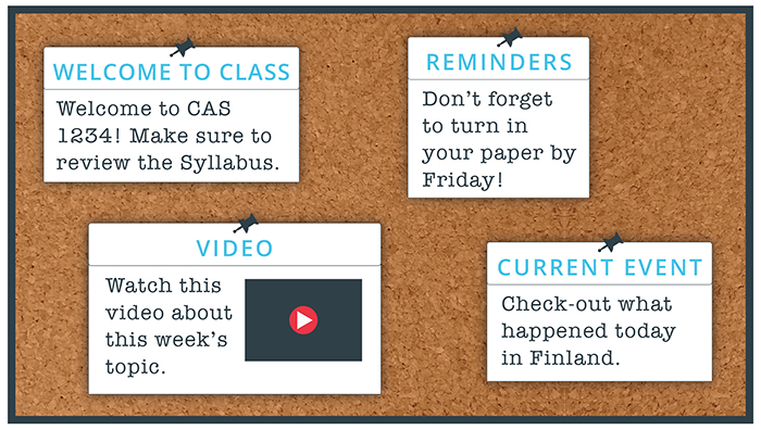 Cork board with announcements including Welcome to Class. Welcome to CAS 1234! Make Sure to read the Syllabus. Reminders. Don't forget to turn in your paper by Friday! Video. Watch this video about this week's topic. Current Event. Check out what happened today in Finland.