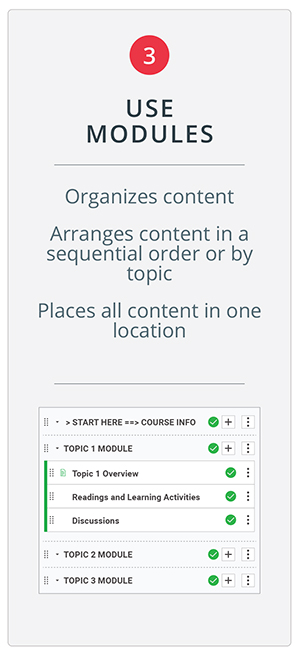 Use Modules. Organizes Content. Arranges content in a sequential order or by topic. Places all content in one location.