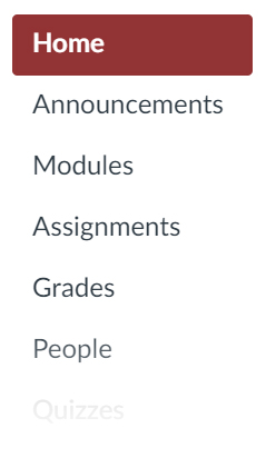 Example course navigation. From top to bottom the depicted links are: Home, Announcements, Modules, Assignments, Grades, People, and Quizzes