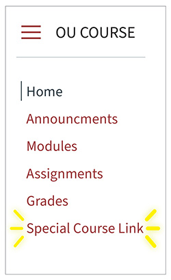 Example of custom navigation link in Canvas. Canvas course navigation with course title at the top which reads OU Course. Under that are links for Canvas tools Home, Announcements, Modules, Assignments, and Grades. Below that is the customized link titled Special Course Link