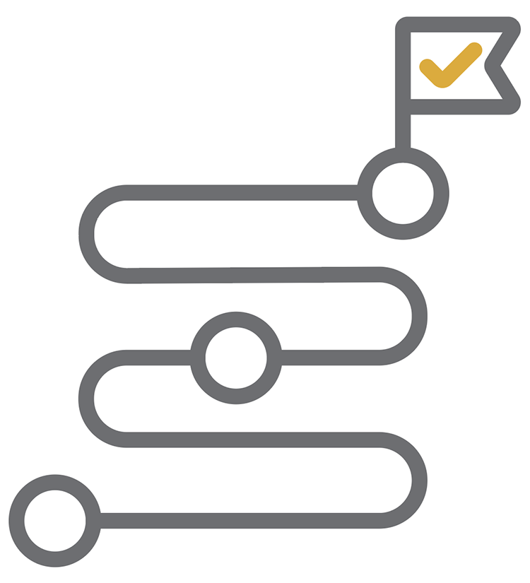 A zigzag line with circles representing checkpoints and a checkmark flag at the end.
