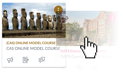 Image of a mouse cursor clicking and dragging a Canvas course card to move it. Click and drag course cards to move them.