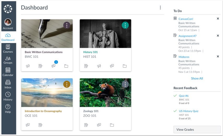 Image of the dashboard in Canvas with Canvas navigation on left, course cards in middle, and to do list and recent feedback on right