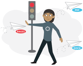 Illustration of woman standing with hand out to block a paper airplane that says PAGES. Two other paper airplanes that say PDF and DOCX were allowed to pass her. Traffic signal in background set to red.