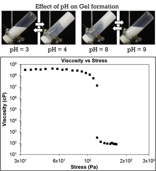 Gelation of Oppositely Charged Metal-Oxide Nanoparticles.The effect of pH on gelation and a representative graph of viscosity vs shear stress for a 2.0 vol% silica/alumina gel. 



