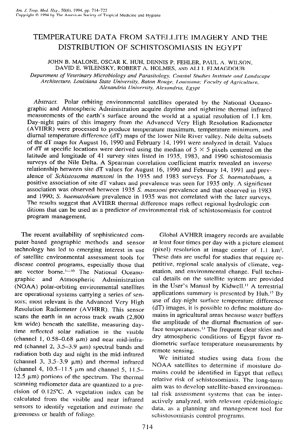 Satellite Imagery and the Distribution of Schistosomiasis in Egypt  [page 714]