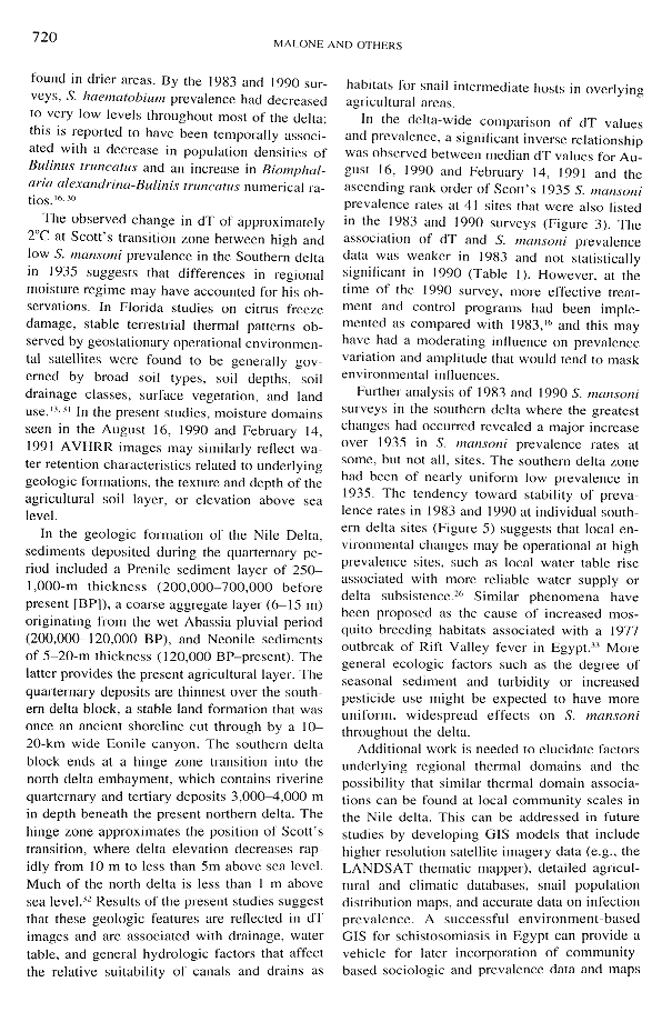 Satellite Imagery and the Distribution of Schistosomiasis in Egypt  [page 720]