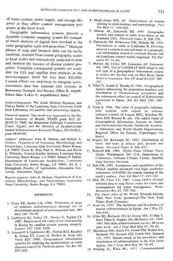 Satellite Imagery and the Distribution of Schistosomiasis in Egypt  [page 721]