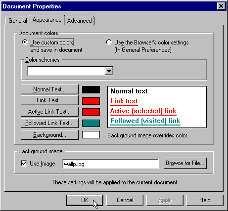 Netscape Editor Document Properties Appearance Dialog Box