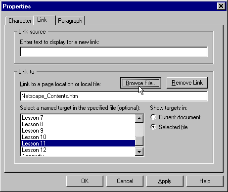 Netscape Editor Link Target Properties Dialog Box