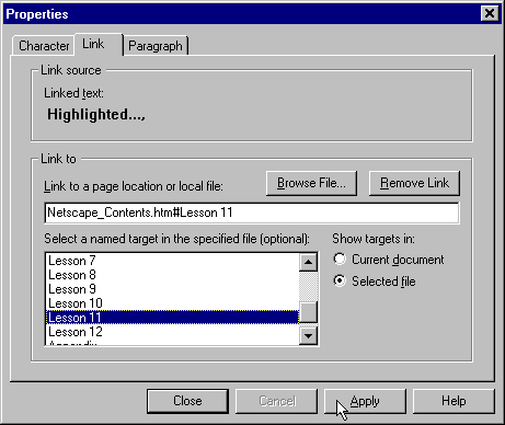 Netscape Editor Properties LinkTarget Apply