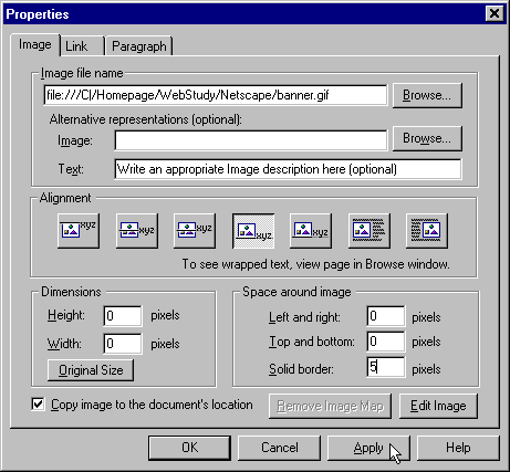 Netscape Editor Properties Dialog Box