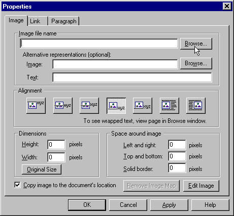 Netscape Editor Image Properties Dialog Box (empty)