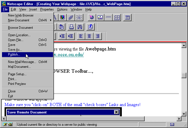 Netscape Editor Publish Drop Down Window