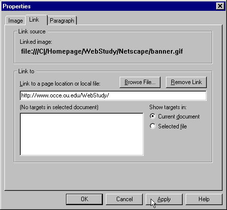 Netscape Editor Link Properties Dialog Box