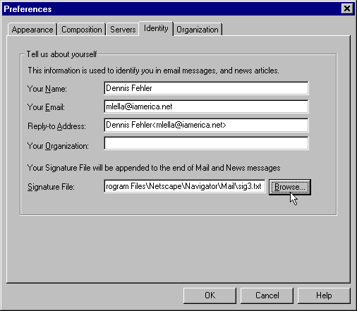 Mail Window Preferences Identity Tab