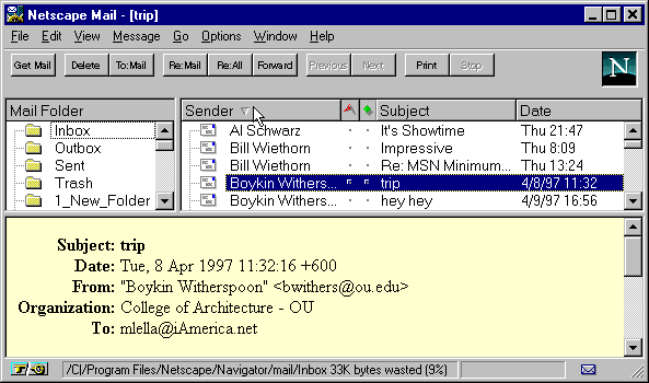 Netscape Mail Window Demonstrating Sender Subject Date