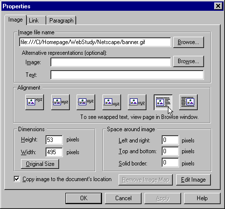 Netscape Editor  Image Properties  Wrap Text  Dialog Box