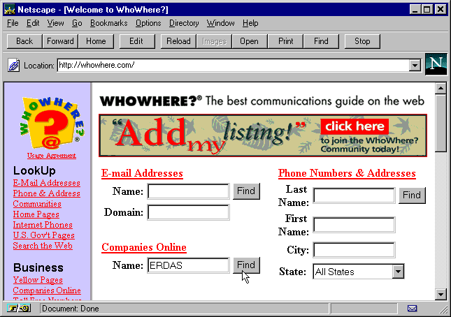 WhoWhere Home Page The People and Company Finder
