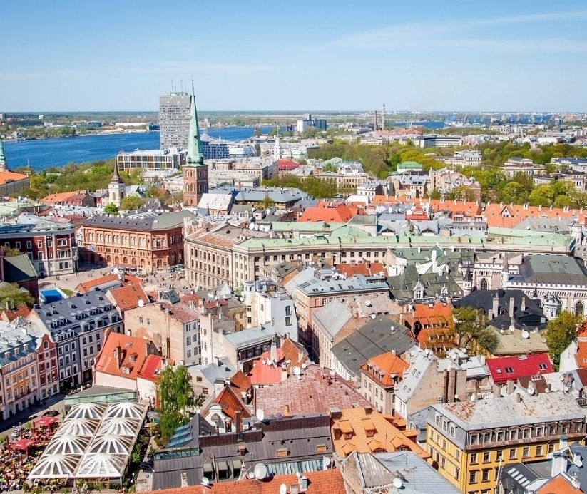 Aerial view of a town in Latvia