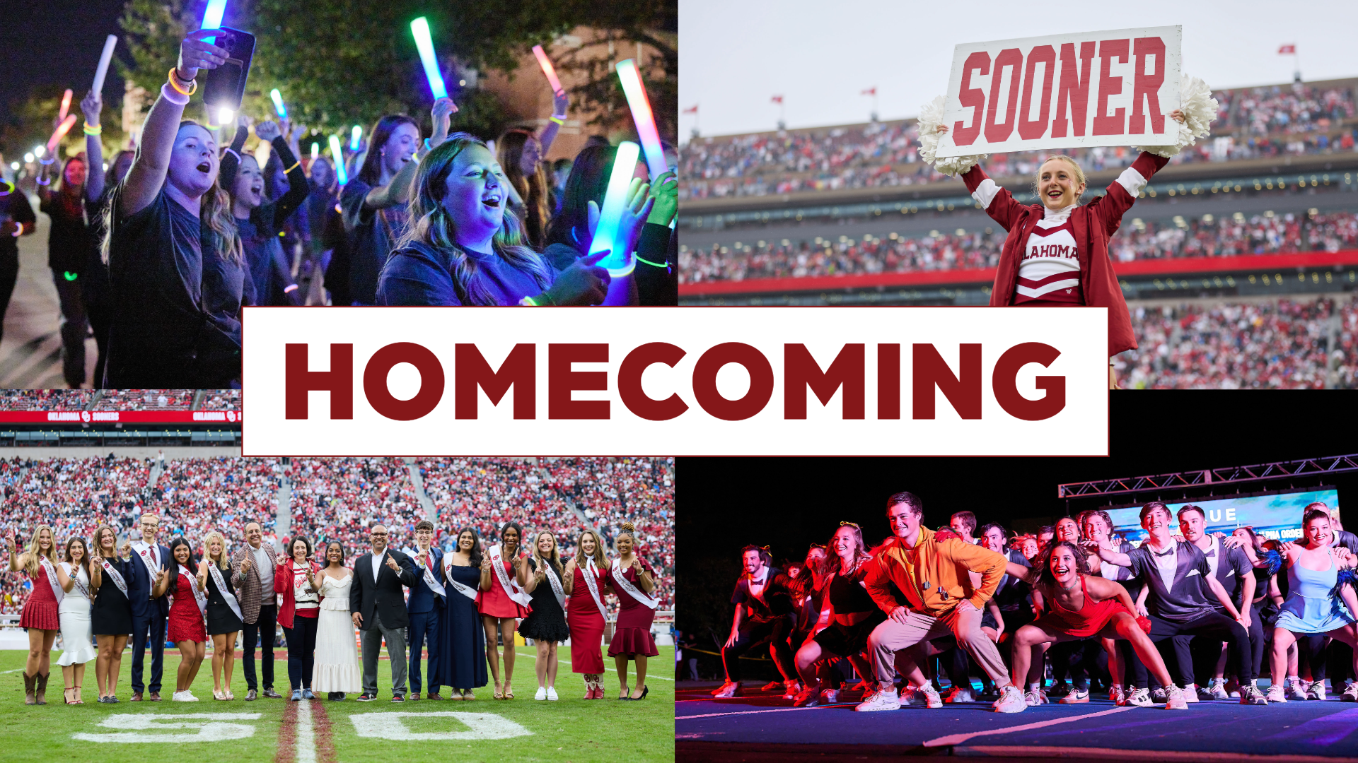 A collage of OU Homecoming traditions, featuring the Glow Parade, a cheerleader, Homecoming Royalty, and Rah Rally. A banner reads, "Homecoming."