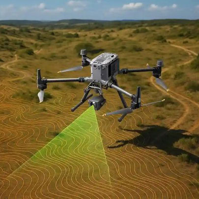A drone surveying a plain from high in the air. 