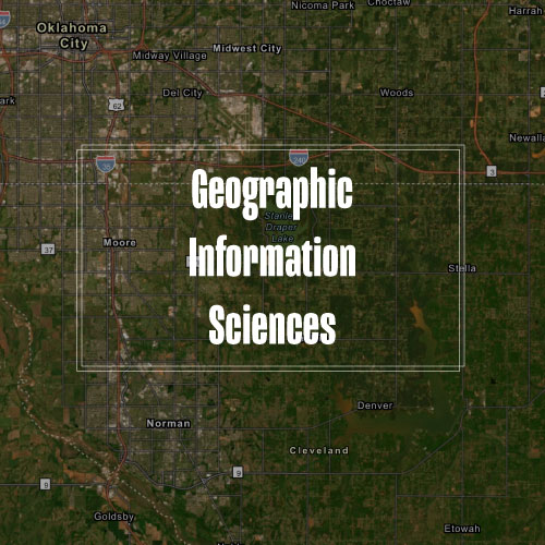 The word "Geographic Information Sciences" in white, overlaying a Google map.