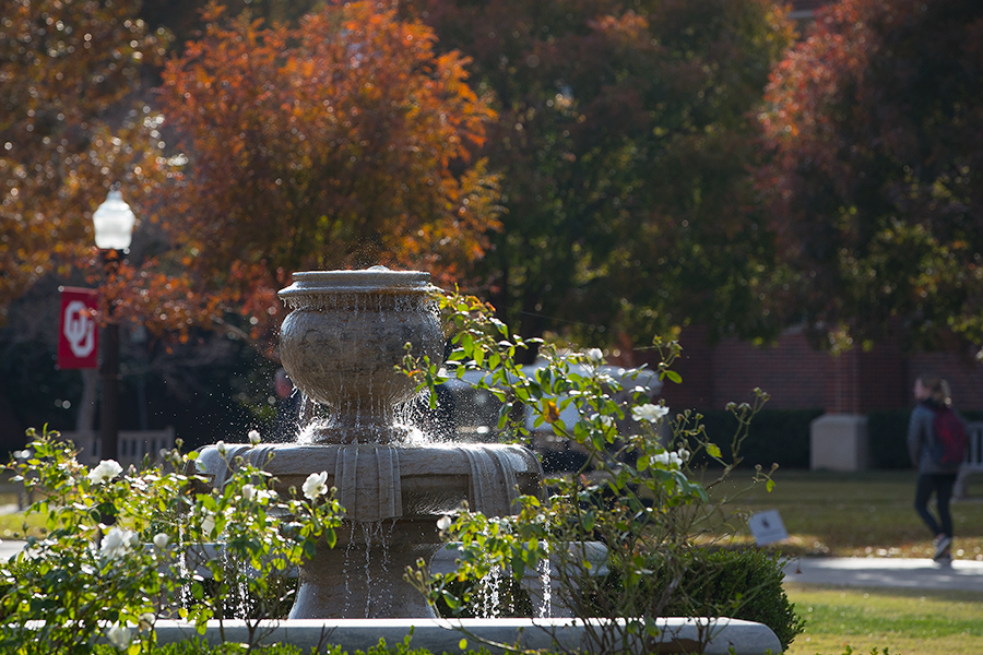 A water fountain surrounded by trees on the O U campus in Norman.