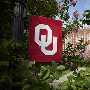 An OU flag on a lamppost, surrounded by greenery and buildings.
