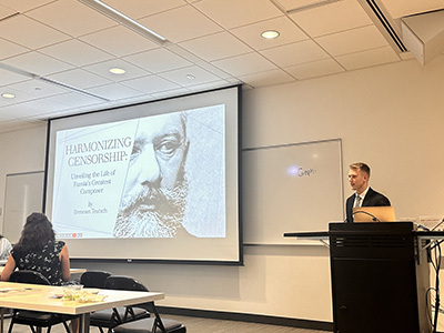 Katherine Orr and Nathan Miller at the Russian table for Language Day.