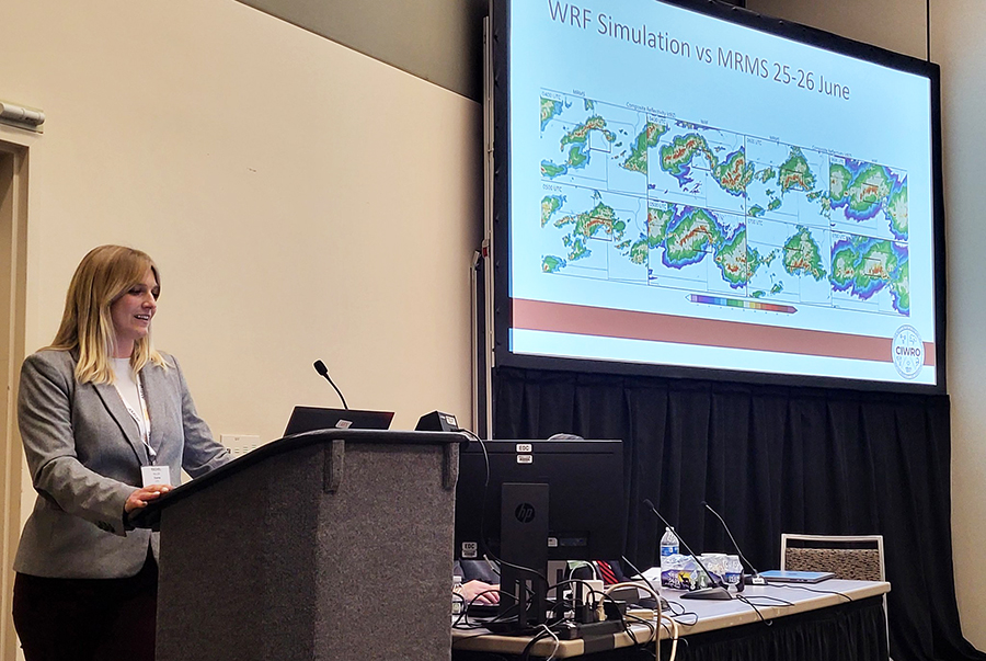 A researcher stands behind a podium with an electronic slide presentation behind her.