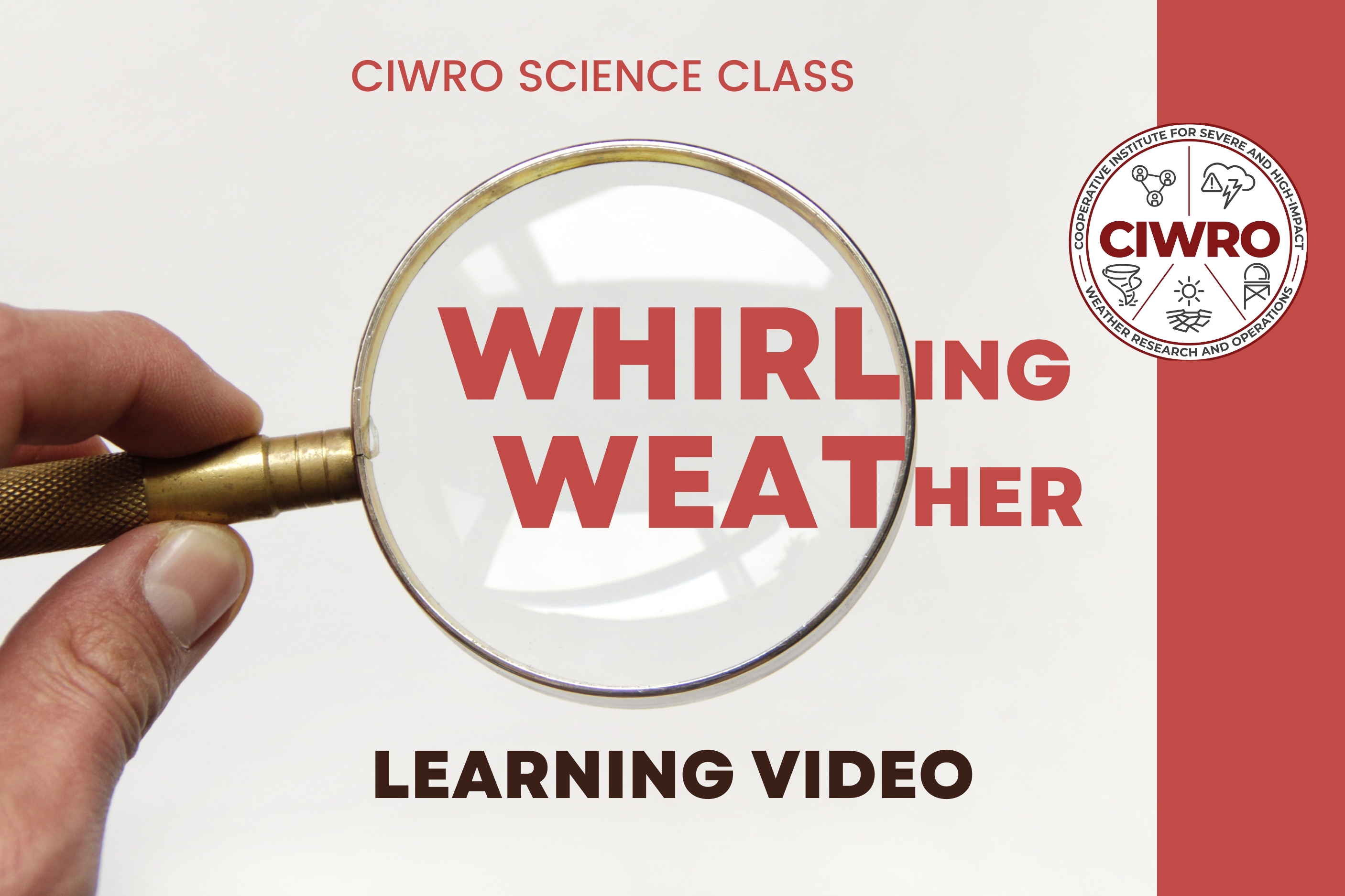 a person holding a magnifying glass over the title Whirling Weather.