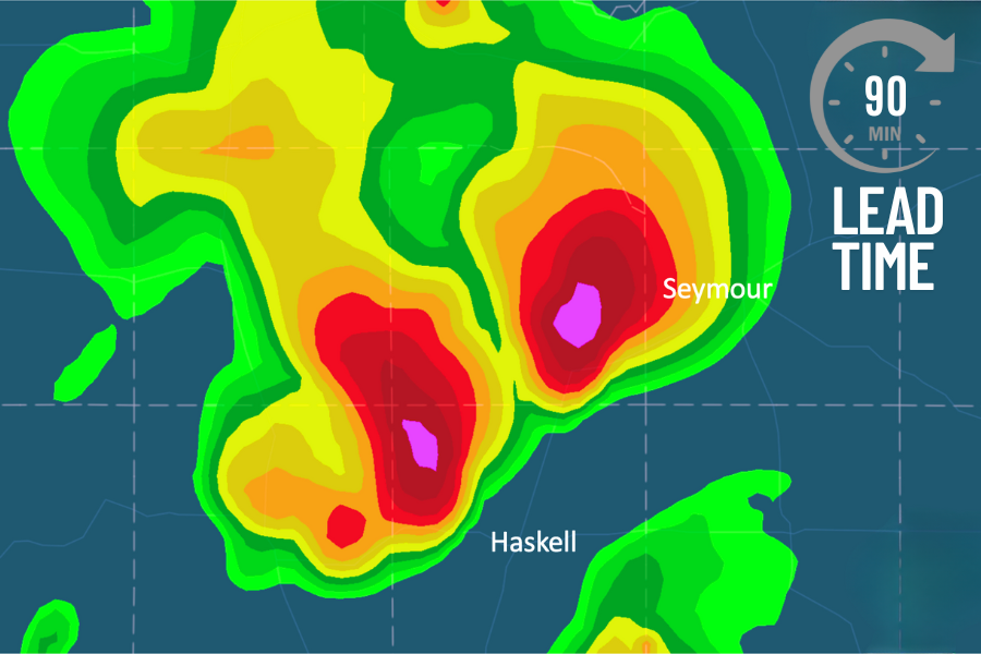 A radar image of severe weather in Texas with text reading 90 minutes lead time.