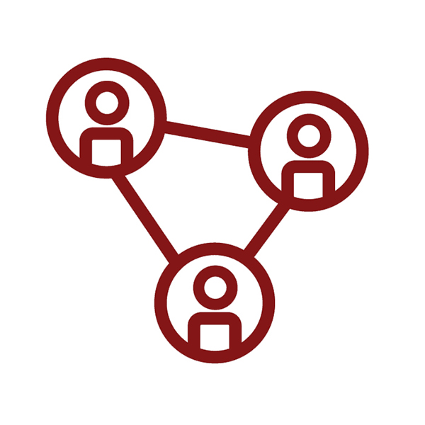 Three silhouettes in connected circles icon in crimson.
