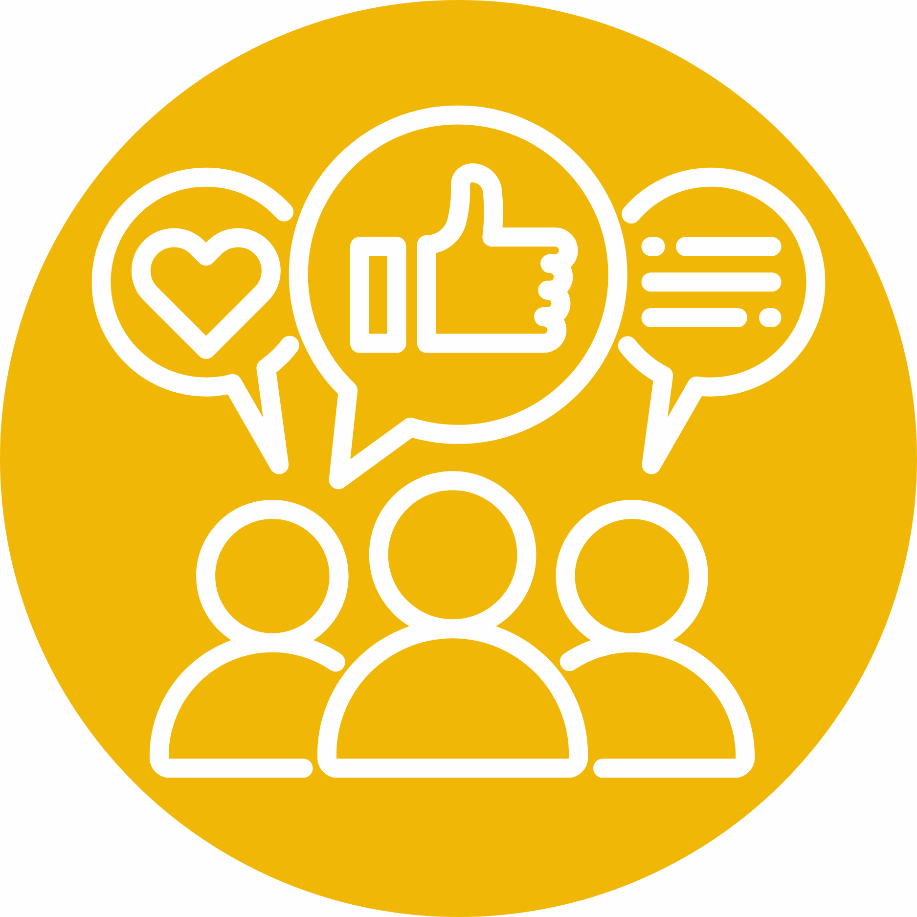 White silhouette icons with speech bubbles over a yellow background.