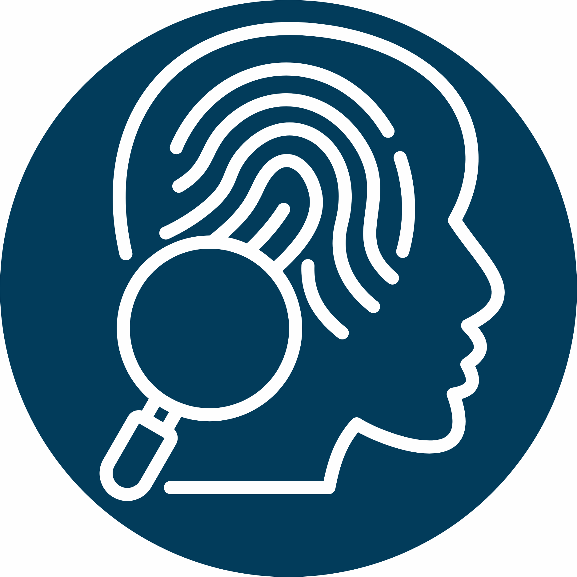 White silhouette icon of a brain and magnifying glass on a navy blue background.