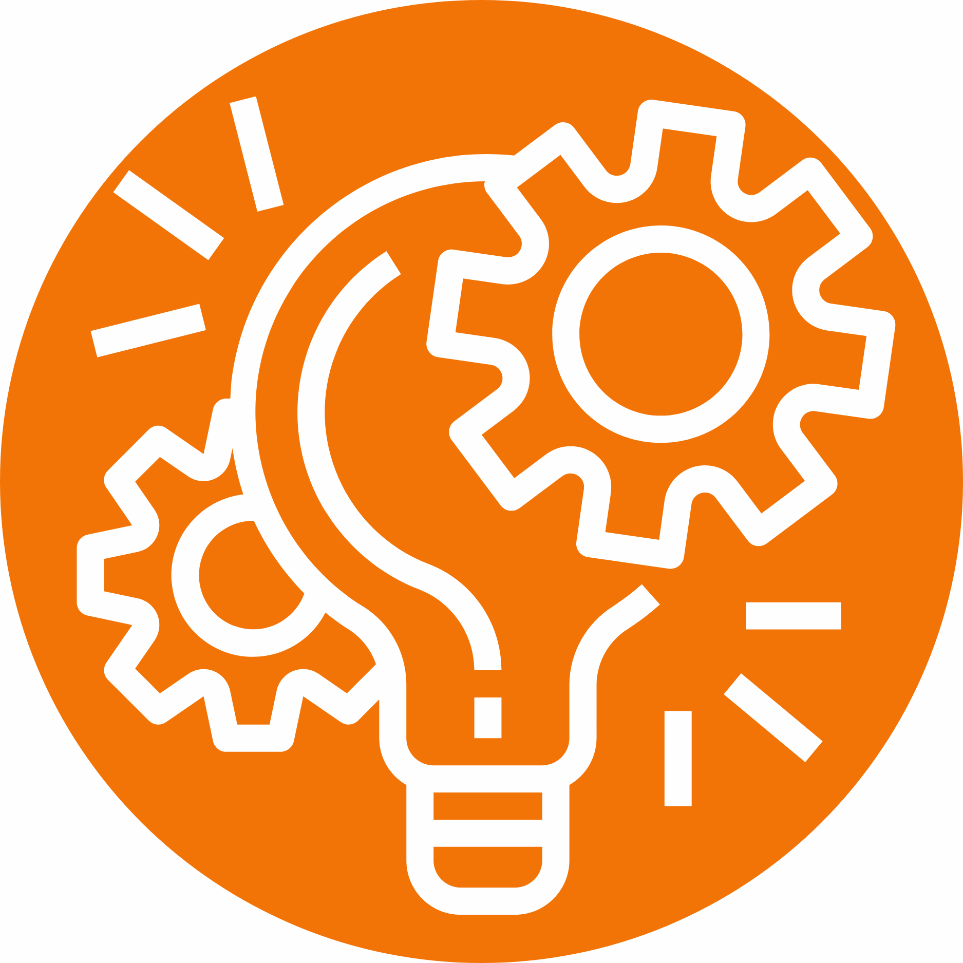 A white lightbulb icon and white gear icons over an orange background.