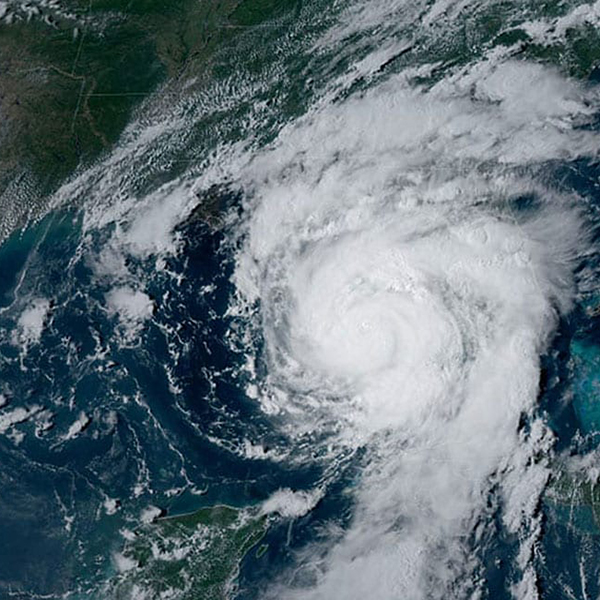 A large hurricane over water, seen from space.