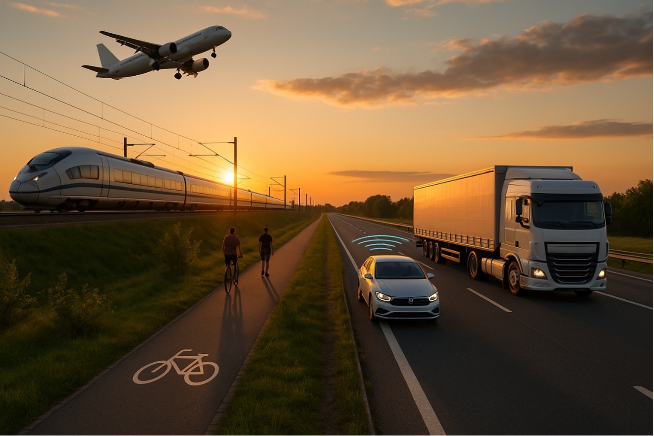 Airplane flying over highway with vehicles and a bike lane demonstrating various modes of transportation.