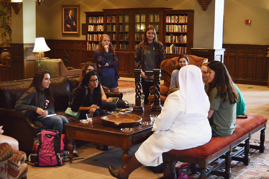 Sister Rosemary Nyirumbe speaking with OU students
