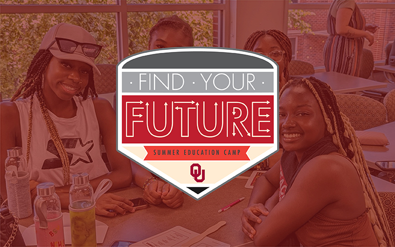 The Find Your Future graphic on top of an image of students at a table.