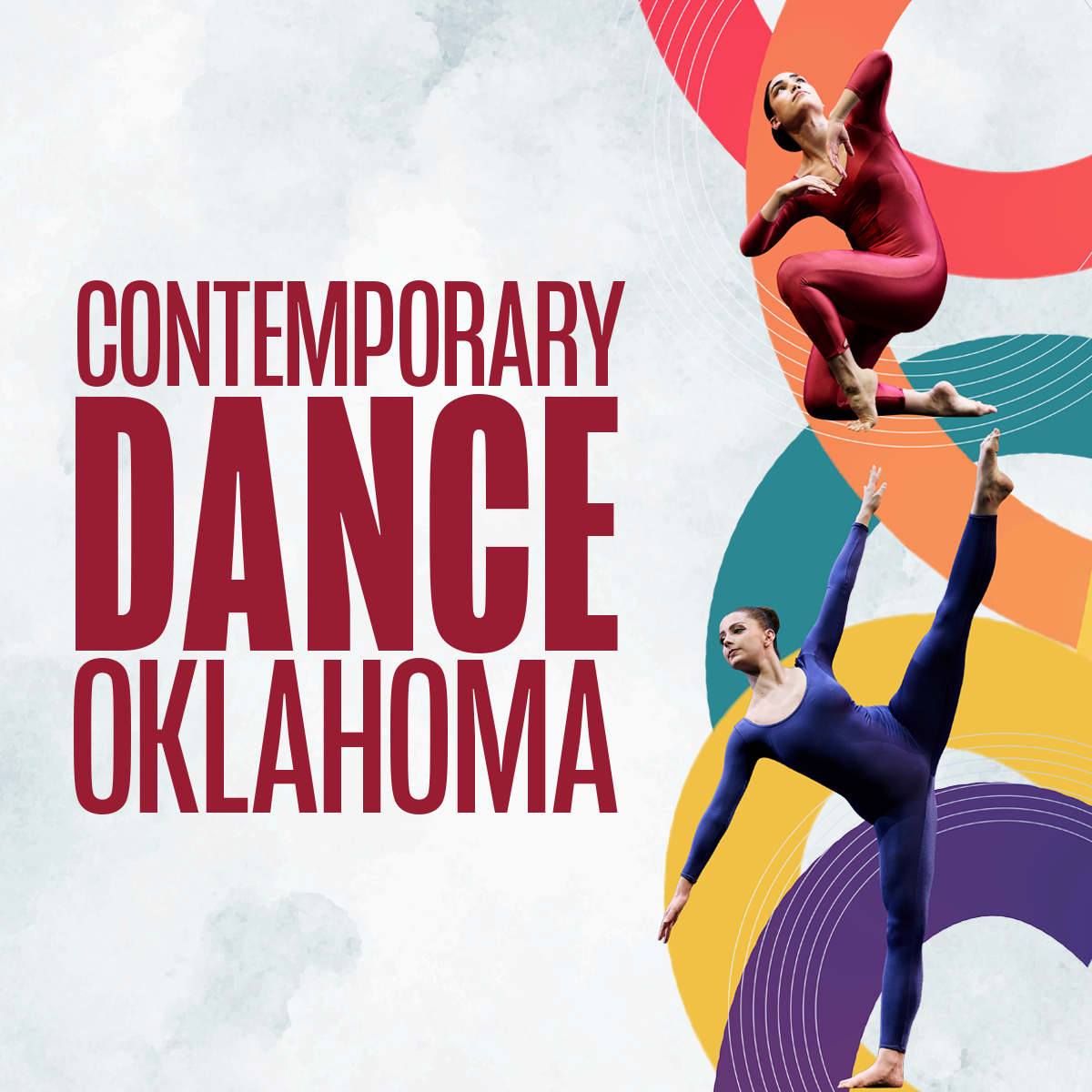 Dancer in purple unitard and in red unitard in front of multi color rings and white background with red Contemporary Dance Oklahoma
