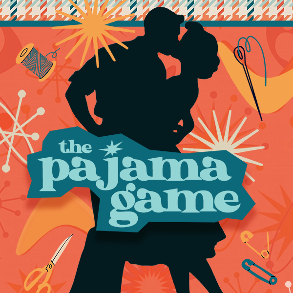 Silhouette of a couple kissing in front of a background of orange, teal, and white with sewing kit items.