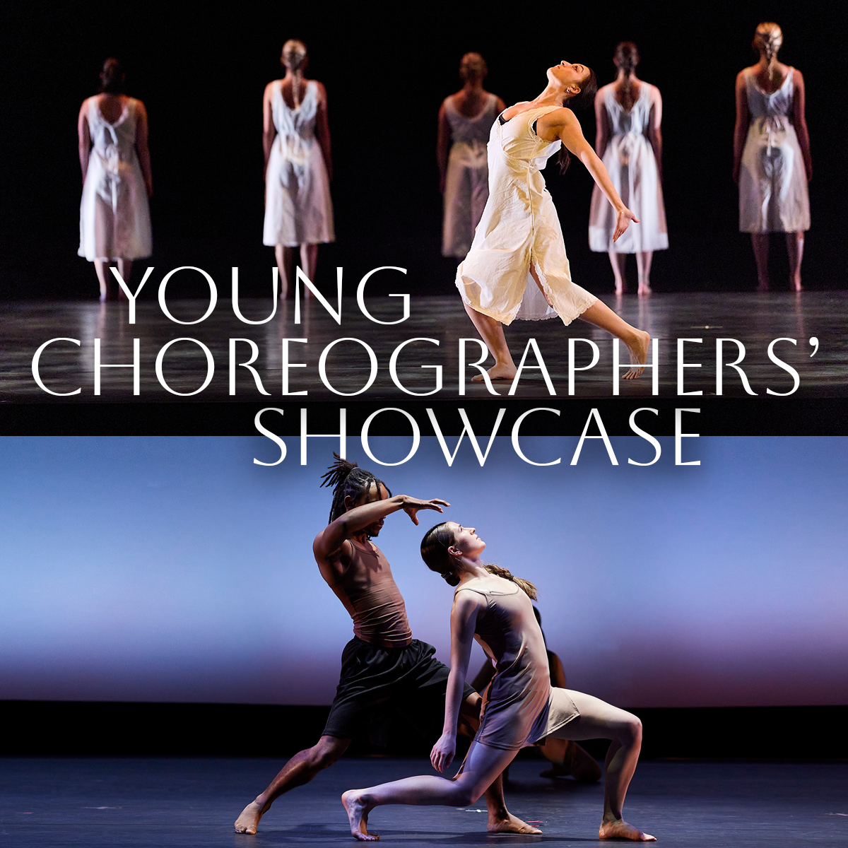 Top photo shows six dancers in white dresses and bottom photo is male and female dancers in front of blue background